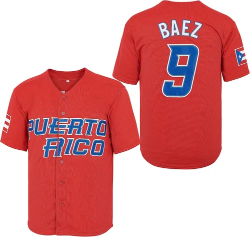 #9 Baez Puerto Rico World Game Classic - Camiseta de béisbol para hombre con costuras S-XXXL