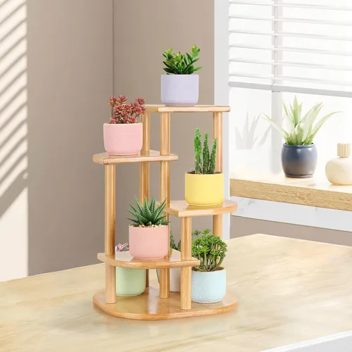 Miniatura 7 de Jotsport Soporte de bambú de 5 niveles para plantas, estante pequeño para alféizar de ventana, mini suculentas, soporte de exhibición para sala