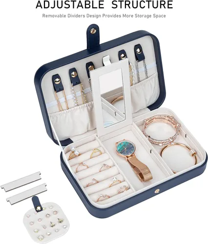 Miniatura 4 de Joyero de viaje, joyero pequeño de piel sintética portátil, estuche de viaje para anillos, aretes, collares, pulseras, relojes, azul marino B