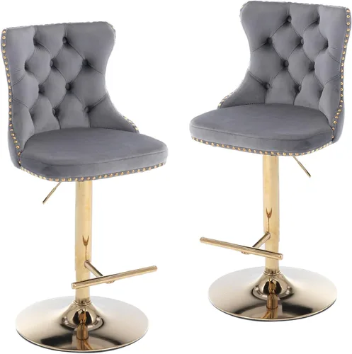 Miniatura 13 de LKTART Juego de 2 taburetes de bar giratorios con altura de asiento ajustable, taburetes de bar tapizados de terciopelo con base cromada