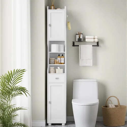 Miniatura 9 de HEXCELEN Gabinete de almacenamiento para baño, gabinete de baño estrecho y alto, gabinetes de piso independientes con 2 puertas y 1 cajón