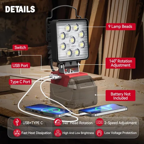 Miniatura 4 de Ecarke Luz de Trabajo LED Compatible con Milwaukee, Ecarke 54W 5400LM Luces de Trabajo LED Inalámbricas de Inundación, Compatible con Batería