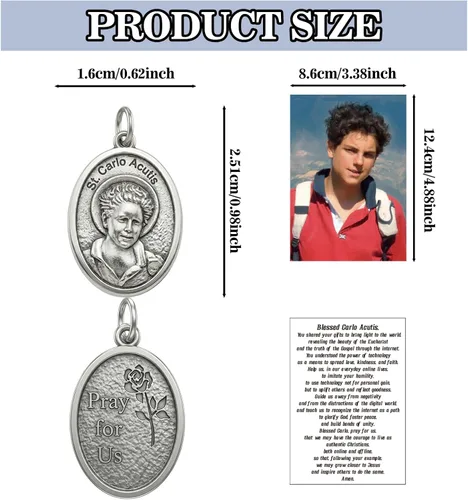 Miniatura 2 de Rlcvecv 10 piezas de medalla de San Carlo Acutis con juego de tarjetas sagradas, colgante de metal de San Carlos Acutis para collar, pulsera