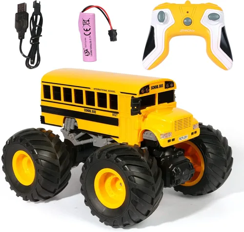 Miniatura 5 de Juguete de Camión Monstruo de Autobús Escolar con Control Remoto, Autobús Escolar RC 1/18, 2.4 GHz Todoterreno Hobby Coche de Carreras RC con LED