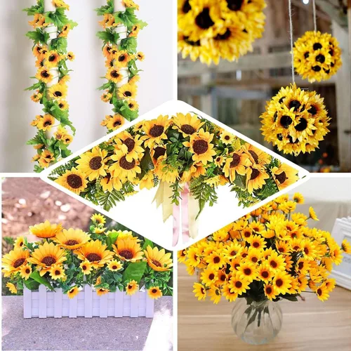 Miniatura 5 de Efavormart - 5 arbustos 70 girasoles artificiales amarillos de seda Decoración de jarrón