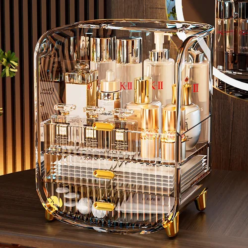 Miniatura 7 de Organizador de maquillaje, organizador de maquillaje de cosméticos de gran capacidad para tocador, a prueba de polvo, impermeable, vitrina