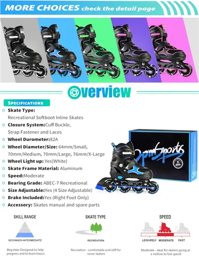 Miniatura 7 de 2PM SPORTS Patines en línea para niños y niñas, niños de 5 a 8 a 12 años, 4 a 6, 6 a 12 años, con ruedas iluminadas, cuchillas ajustables para Azul