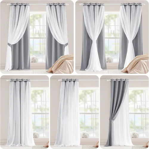 Miniatura 7 de PONY DANCE Cortinas Opacas con Superposición de Gasa, Cortinas de Doble Capa con Aislamiento Térmico Mix & Match para Oscurecer Habitaciones
