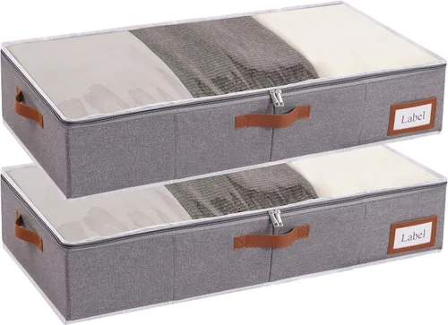 Miniatura 14 de Yawinhe Almacenamiento debajo de la cama, paquete de 2 organizadores de armario, bolsas plegables para contenedores, con ranura para tarjeta de Beige