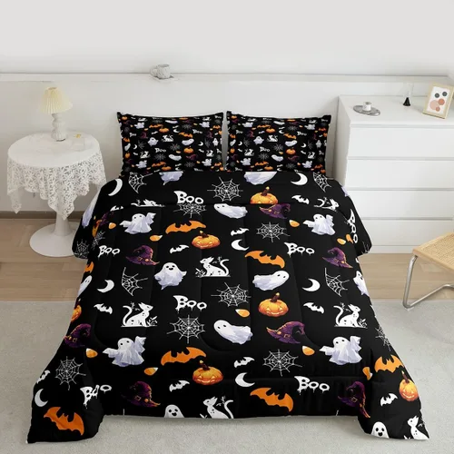 Miniatura 13 de Juego de edredón rosa con temática de Halloween, tamaño individual, edredón de farol de calabaza para adolescentes, juego de ropa de cama de Multi