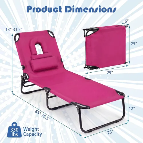 Miniatura 3 de Goplus Silla de bronceado, silla de playa plegable con agujero facial, almohada extraíble, correa de transporte, posición ajustable, silla