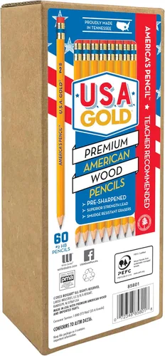 Cra-Z-Art Lápices amarillos HB con caja de madera americana preafilados de oro de Estados Unidos, paquete de 60