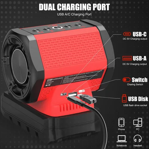 Miniatura 4 de ohyes Altavoz Bluetooth compatible con paquetes de baterías Milwaukee de 18 V con carga USB-A/C para trabajo, campamento y fiestas
