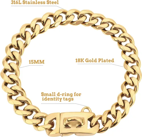 Miniatura 2 de BAOBOTE Collar de perro de acero inoxidable dorado de 0.59 pulgadas con cadena de eslabones cubanos resistente a prueba de mordidas, collar