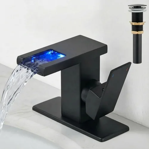 AVSIILE llave LED para fregadero de baño, cascada negra mate, mango de un solo agujero para lavabos, 1 agujero con drenaje desplegable de metal y 2