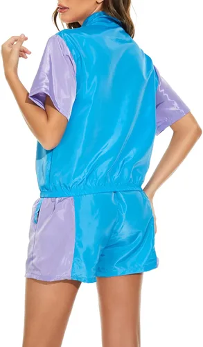 Miniatura 3 de Yisfri Conjunto de 2 piezas rompevientos con bloques de color para mujer, manga corta, cremallera frontal, cintura elástica