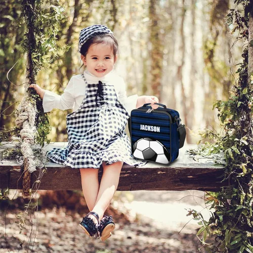 Miniatura 6 de Bolsa de almuerzo personalizada para niñas, niños, adolescentes, hombres y mujeres, regalo personalizado, bolsa de almuerzo, pelota de fútbol, azul