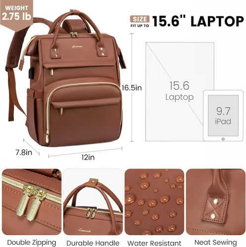 Miniatura 4 de LOVEVOOK Mochila de cuero para laptop para mujer de 15.6 pulgadas, bolsa de viaje para enfermeras, profesores, bolsa de computadora, bolsas de Marrón