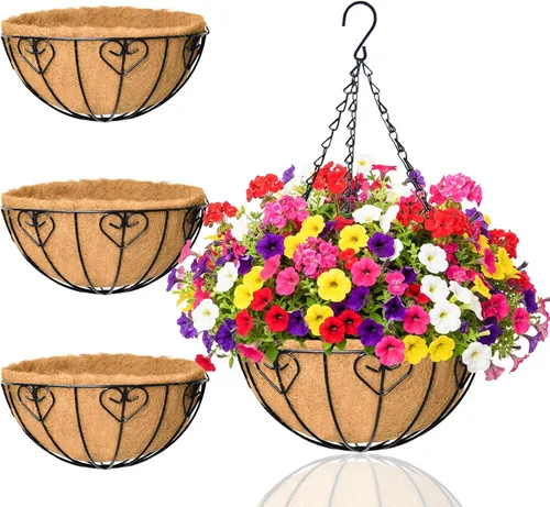 Miniatura 10 de Macetas colgantes para plantas de exterior, paquete de 4 cestas colgantes de metal de 12 pulgadas con forro de fibra de coco y alambre para plantas