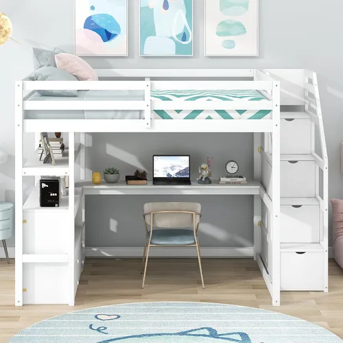 Miniatura 3 de Quarte Cama alta multifuncional, cama alta tamaño matrimonial con escritorio integrado y estantes de almacenamiento, dos cajones y escalera