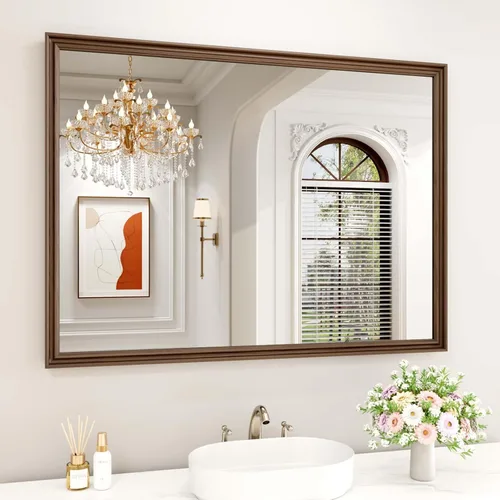 Miniatura 34 de WEER - Espejo de baño dorado, espejo de 40x32 pulgadas con marco de metal dorado cepillado, espejo de tocador de baño de oro para pared