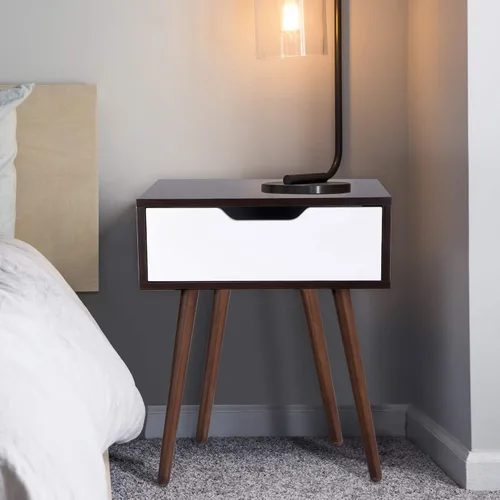Miniatura 2 de SUPER DEAL Mesa auxiliar moderna de mediados de siglo con cajón, mesa pequeña con patas de madera, cajón deslizante y mango sonriente para espacio