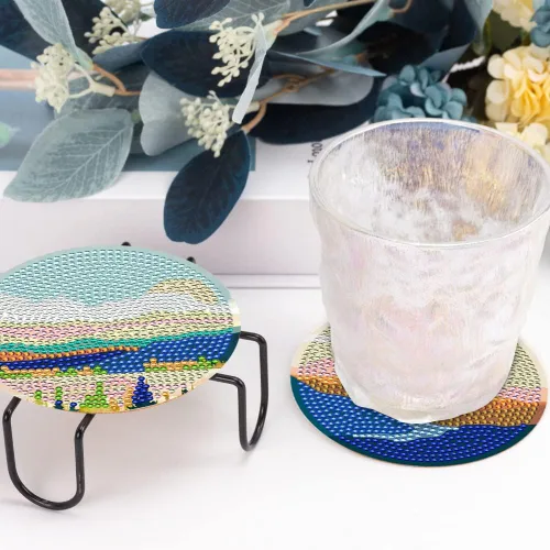 Miniatura 5 de Juego de 8 posavasos de arte de diamante para adultos con soporte de almohadillas de corcho, paisaje abstracto de bricolaje, arte de diamantes
