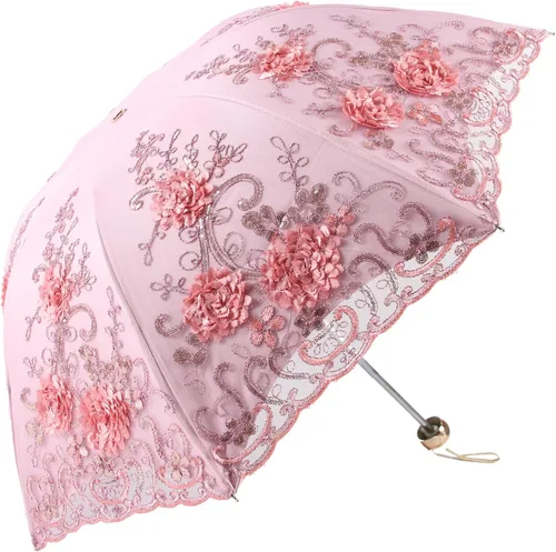 Miniatura 120 de Honeystore Sombrilla bordada con flor 3D plegable UV con encaje clásico
