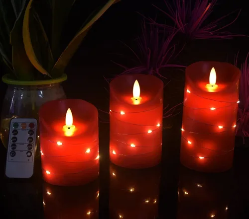 Miniatura 2 de DANIP - Vela LED roja sin llama con cuerda de estrella integrada, juego de 3 velas LED, con control remoto de 11 botones, función de temporizador