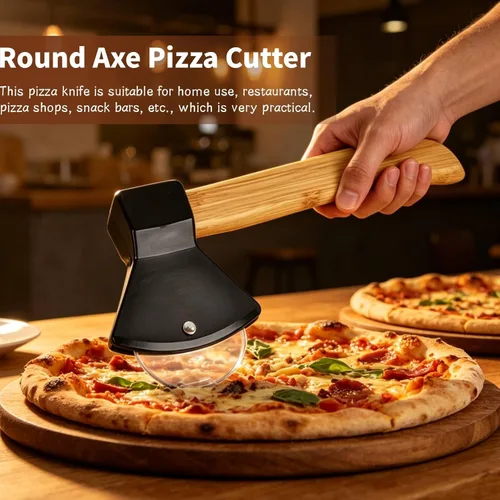 Miniatura 2 de Cortador de pizza de acero inoxidable, cortador de pizza de hacha redonda, rueda de cocina con tapa, rebanador de alimentos de mano para el hogar