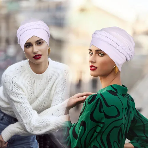 Miniatura 3 de Gorras de turbante africanas para mujer, gorro con torsión, preatado, doble trenza