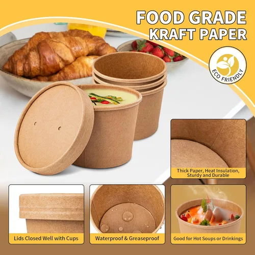 Miniatura 4 de PakTalk Paquete de 50 Recipientes de Sopa con Tapas, Vasos de Helado Desechables y Biodegradables, Cuencos de Sopa de Papel Kraft de 12 oz con Tapas