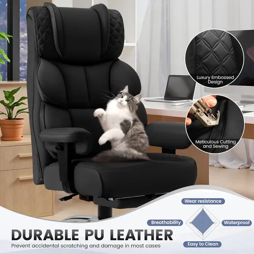 Miniatura 4 de BestGlory Silla de escritorio de oficina, silla de juegos de cuero grande y alta con reposapiés, sillas de computadora reclinables ejecutivas Negro