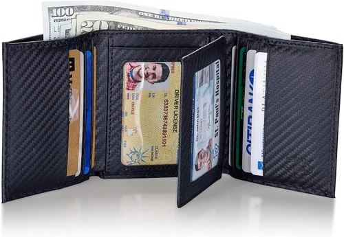 Miniatura 26 de Stealth Mode Cartera de cuero triple RFID para hombres con soporte de identificación abatible (negro)