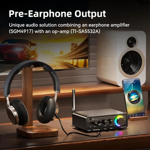 Miniatura 4 de M19 BT Amplificador Receptor Estéreo, Bluetooth 5.3 Mini Amplificador 2 Canales 100W x2 Amplificador HiFi Clase D con RCA/Óptica/Coaxial/Mic Entrada