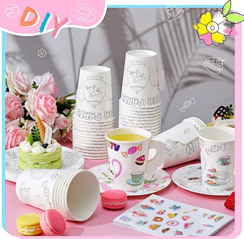 Miniatura 5 de Lenwen Juego de 48 tazas de fiesta de té con asa, tazas y platos de papel de 8 onzas para colorear tú mismo, tazas y platos para aperitivos, postres