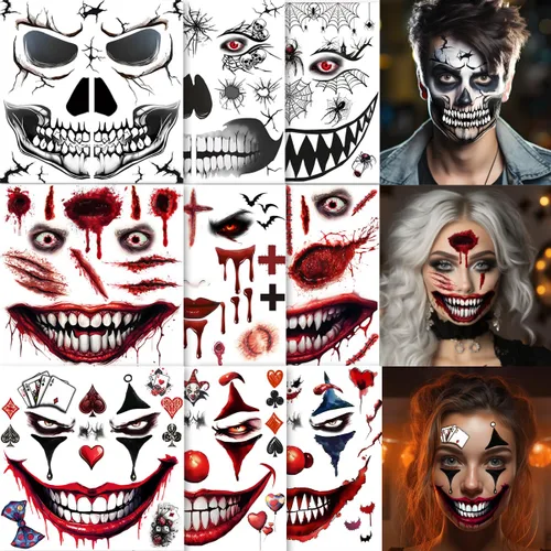 Miniatura 7 de 5 hojas de tatuajes faciales aterradores de Halloween + 1 hoja de tatuaje de cicatrices falsas, tatuaje de boca sangrienta, maquillaje de zombi
