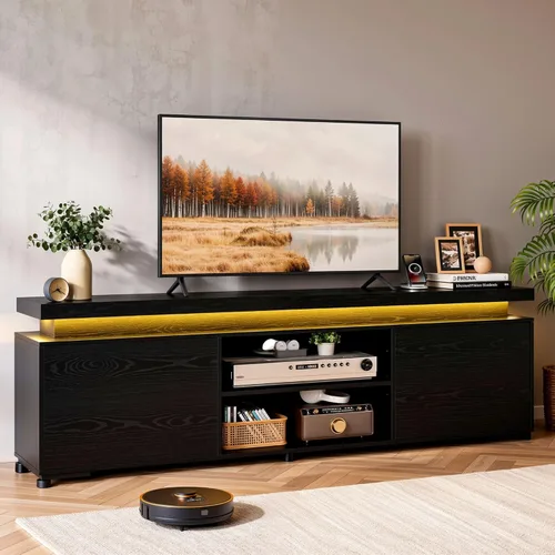 Miniatura 10 de IRONCK Soporte de TV para TV de 65 pulgadas, consola de TV con luces LED y toma de corriente, centro de entretenimiento con armarios y estantes