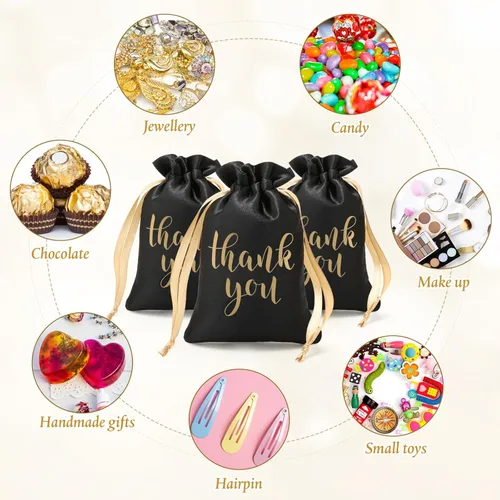 Miniatura 3 de Roowest 100 piezas de bolsas de regalo de raso con cordón para agradecimiento, bolsas de joyería y dulces para bodas, despedidas de soltera, Negro