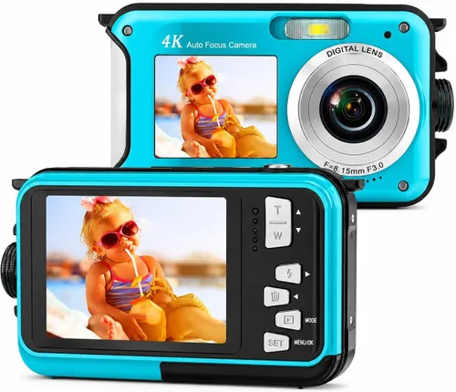 Miniatura 9 de Acuvar Cámara submarina de 48MP con tarjeta de 32 GB – Cámara digital impermeable de 11 pies, selfie de doble pantalla, enfoque automático, cámara