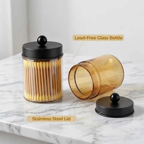 Miniatura 3 de Amolliar Juego de 2 organizadores de almacenamiento de vidrio para tocador de baño, recipiente de encimera con tapas de metal y calcomanías, tarros