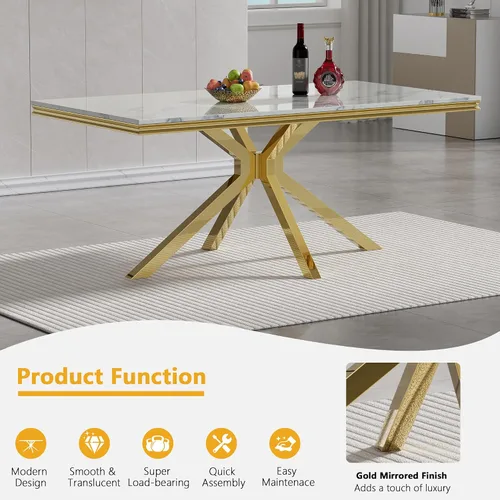 Miniatura 3 de Juego de mesa de comedor de mármol para 6, mesa de cocina rectangular de mármol blanco de 70 pulgadas con patas en X de acero inoxidable dorado