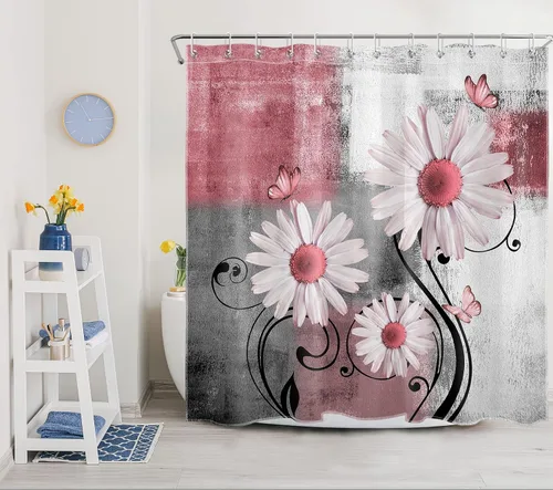 Miniatura 21 de Cortina de ducha floral con margaritas azules, flores blancas y mariposas en tela moderna abstracta geométrica gris para baño, 10 ganchos, 48 x 72