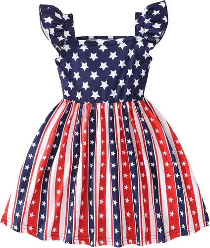 Popshion Vestidos de niña con mangas con vuelo, vestido de verano para niños, fiesta de cumpleaños, sin mangas, vestido de 1 a 8 años