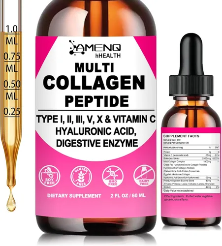 Gotas Líquidas de Péptidos de Colágeno Múltiple para Mujeres y Hombres, Péptidos de Colágeno Hidrolizados Tipo (I, II, III, V, X) Complejo de