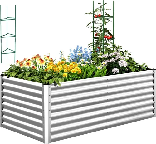 Miniatura 14 de Quictent Jardinera elevada galvanizada de 6 x 3 x 2 pies, maceta de metal sin fondo para patio trasero al aire libre, incluye 1 jaula de tomate Gris