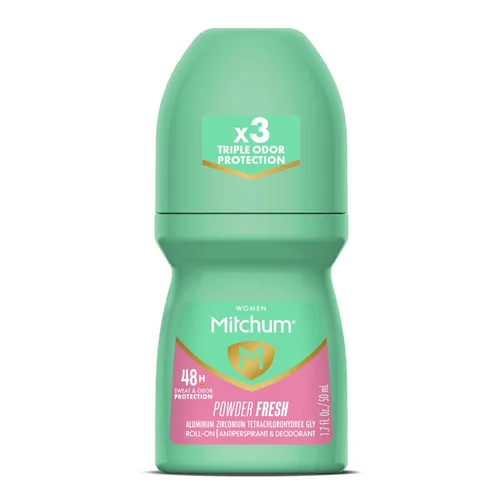 Mitchum Desodorante antiperspirante para mujeres, aplicador roll-on, aroma a polvo fresco, 48 horas de protección contra el sudor y el olor, de