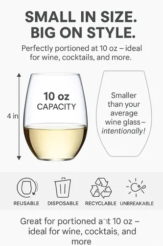 Miniatura 2 de Paquete de 36 copas de vino de plástico desechables sin tallo de 10 onzas, copas de vino transparentes reutilizables, inastillables, sin BPA