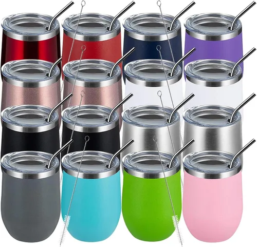 Miniatura 28 de MEWAY Vaso de vino sin tallo de 12 onzas con tapa, vaso de viaje de acero inoxidable con aislamiento de doble pared al vacío con popote, para Negro
