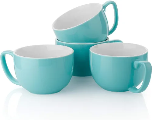 Teocera Juego de 4 tazas de café turquesa de cerámica de 16 onzas, juego de tazas grandes con asa para bebidas frías o calientes como cacao, leche,